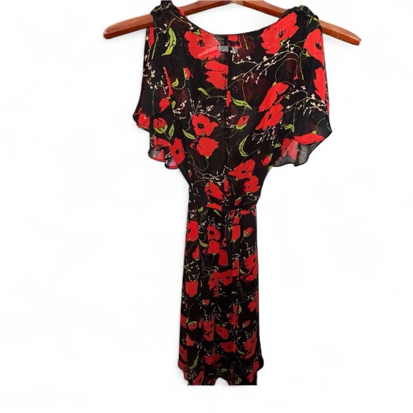 Kimchi Women’s Size Small Floral Black and Red Sheer Wrap Flutter Sleeve Dress - Picture 2 of 4